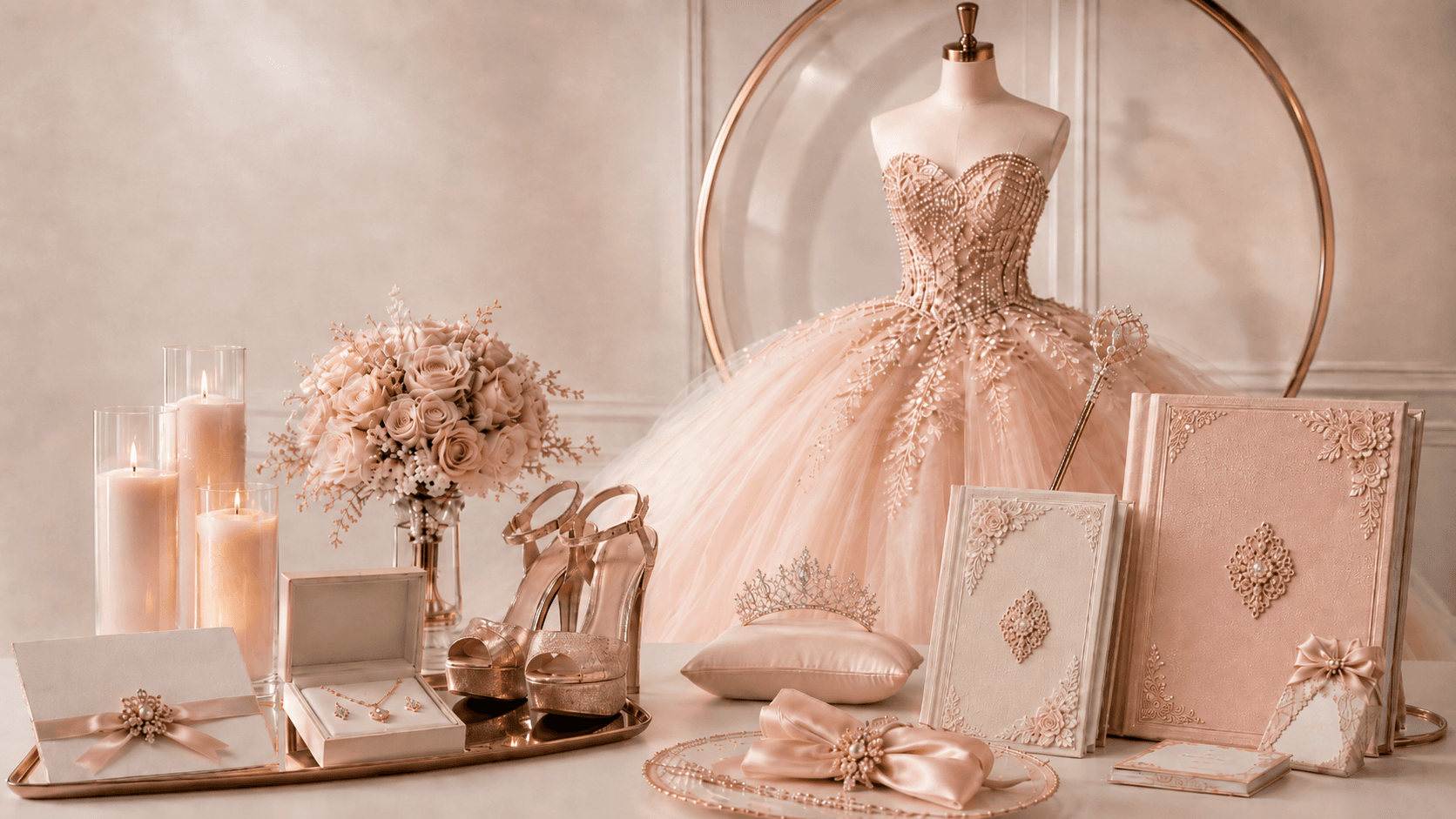 Vestido y accesorios de una fiesta de XV años