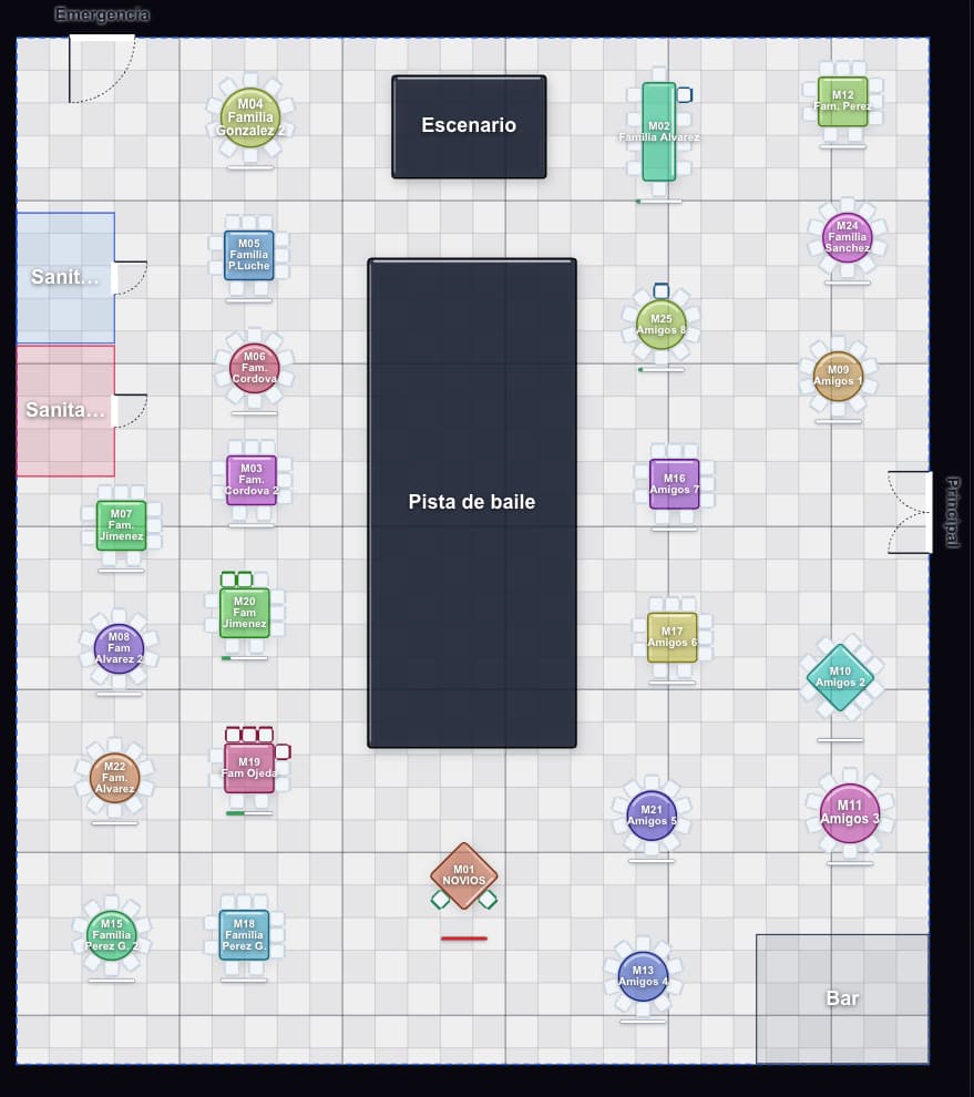 Croquis del salón con las mesas y el lugar del invitado resaltado